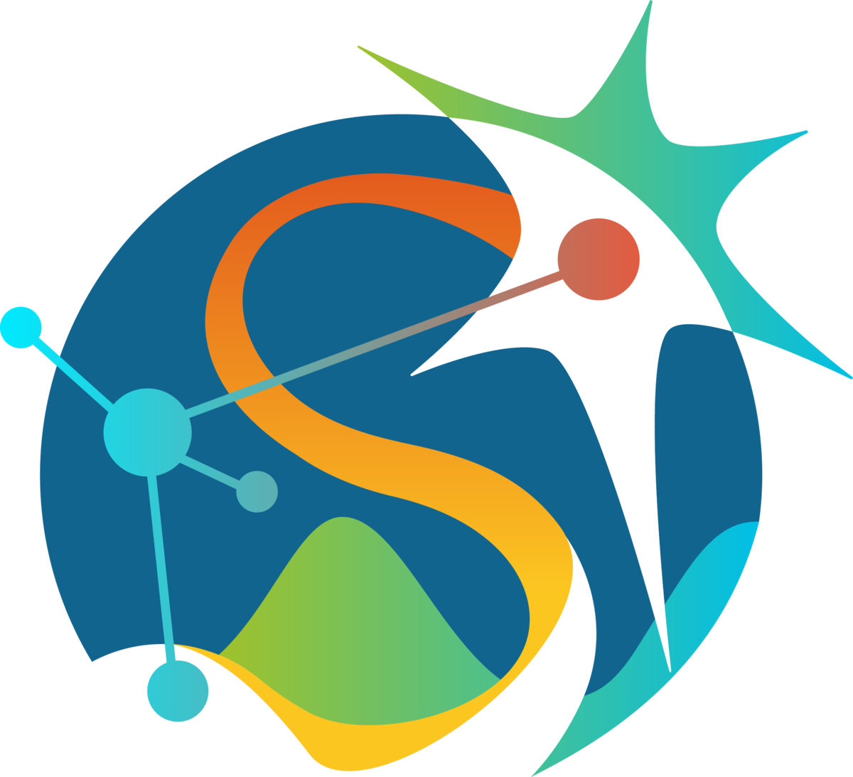 The SCENE logo: a neuron, a winding path, and a network woven into a single round mark